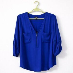 Torrid Royal Blue Zip-Front Blouse – Roll Tab Sleeves, V-Neck